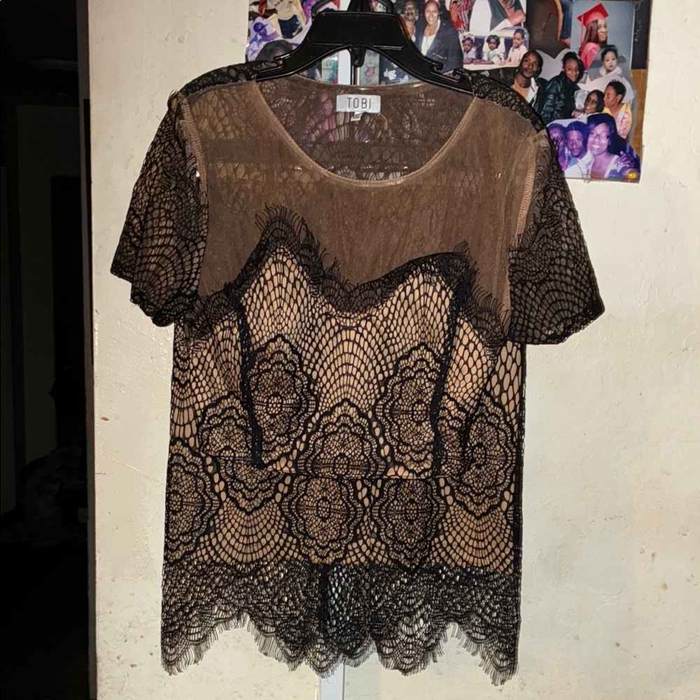 💥Tobi Black and Brown Lace Overlay Top and skirt set NWOT
